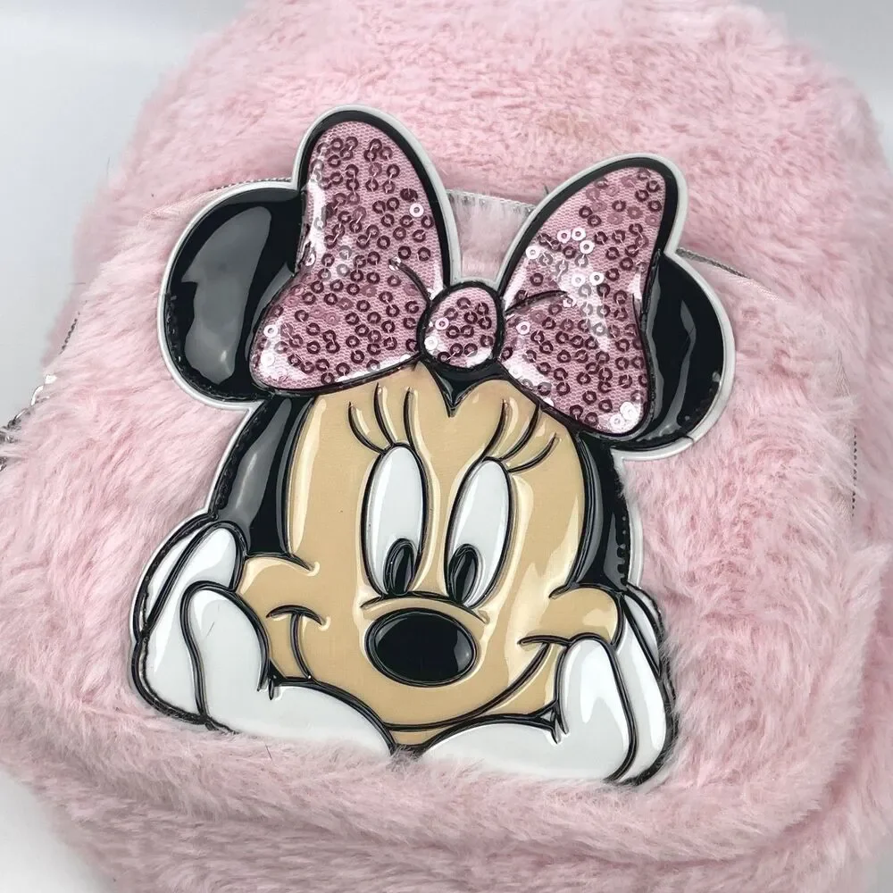 Disney Minnie Mouse Faux Fur Mini Backpack Pink Fuzzy Sequin Bag EUC